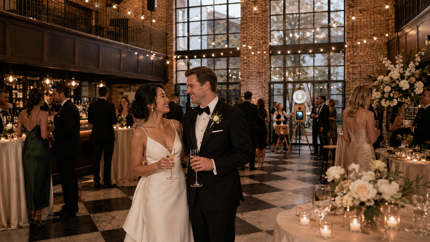 An elegant luxury photo booth experience at the Oxford Exchange wedding in Tampa.